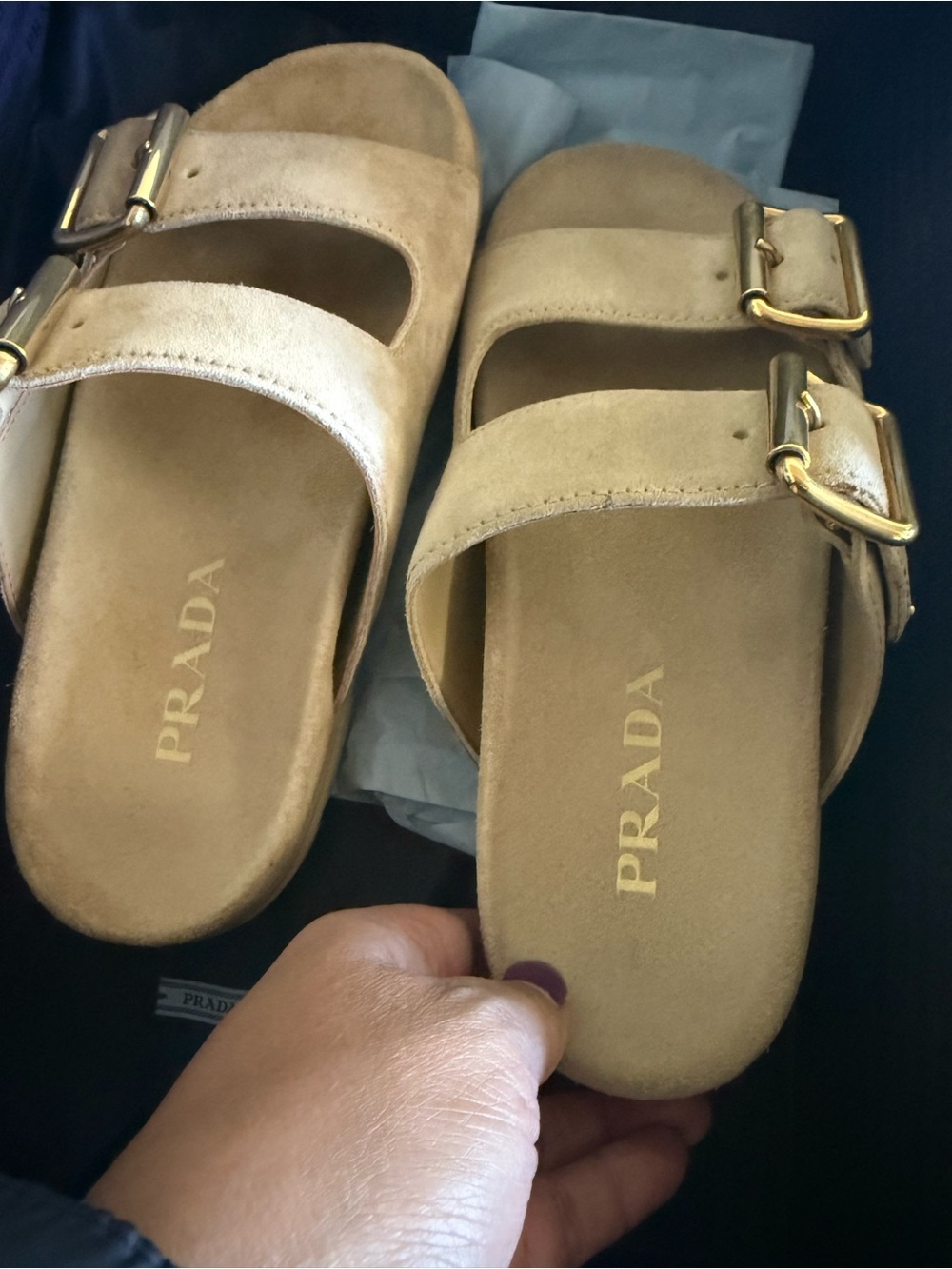 Prada Beige Suede Double-Buckle Slide Sandals with Gold Hardware - Picture 2 of 7